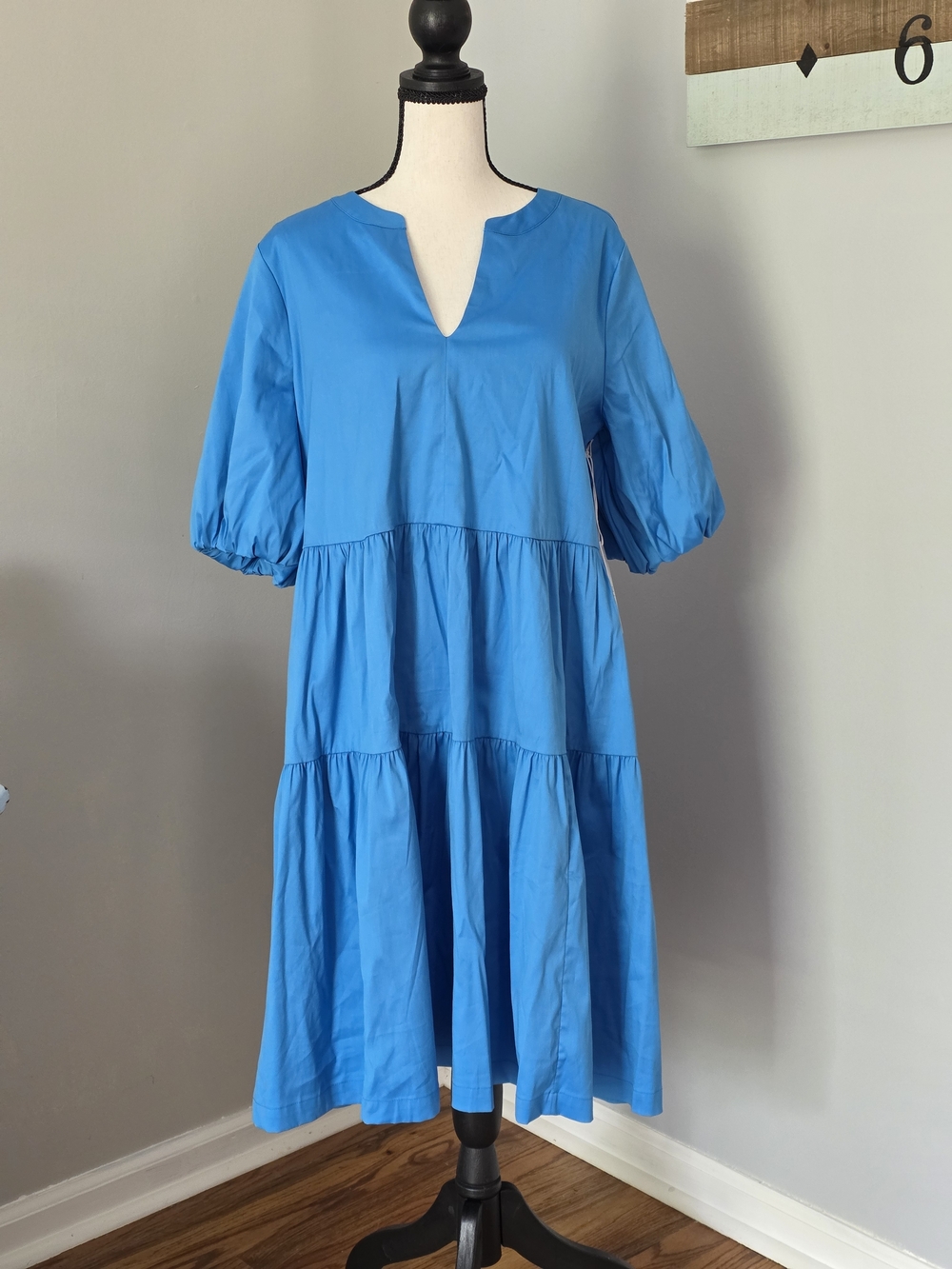 Chico's Blue V-Neck Tiered Midi Dress